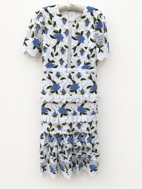 Just Me White Lace Midi Dress with Blue Floral Embroidery L